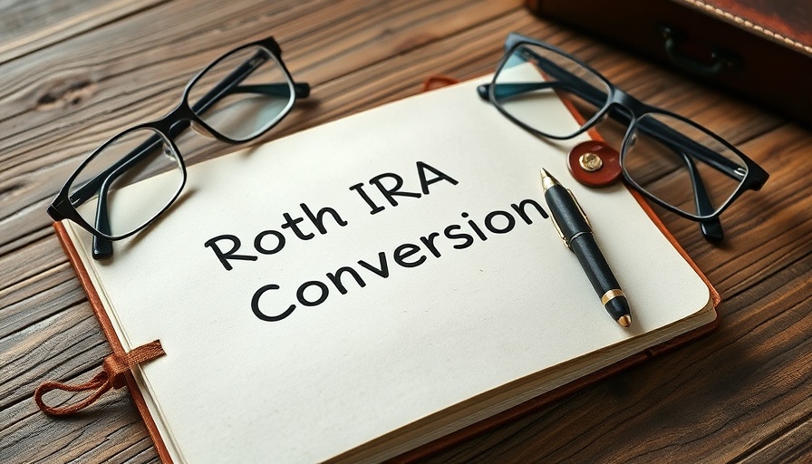 Roth IRA Conversion notebook on wooden desk with leather journal.
