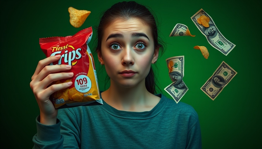 Confused woman holding snack in front of floating chips and money.