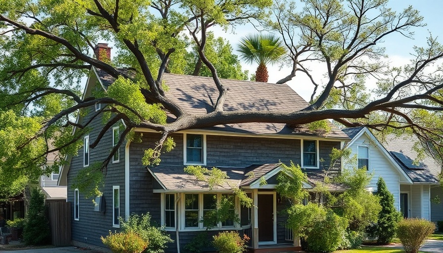 Large tree fallen on suburban house, illustrating homeowners insurance rising costs.