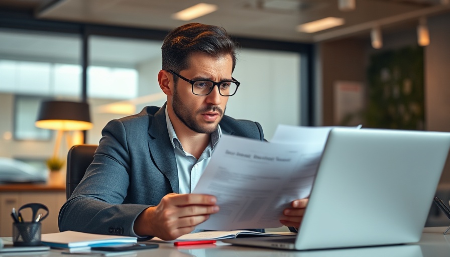 Stressed man with papers and laptop pondering debt relief impact on credit score.