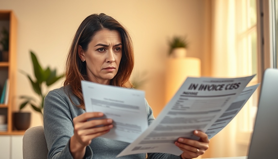 Concerned woman reviewing financial documents in a home office