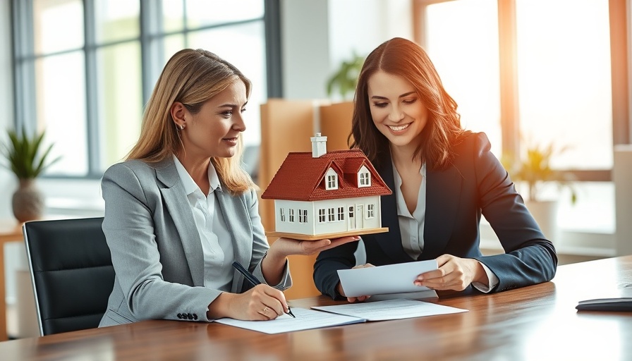 Professional women discussing probate lead sources with documents and house model.