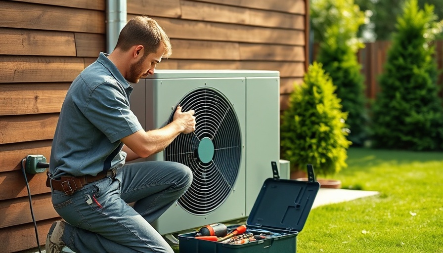 HVAC professional repairing outdoor unit on green lawn.