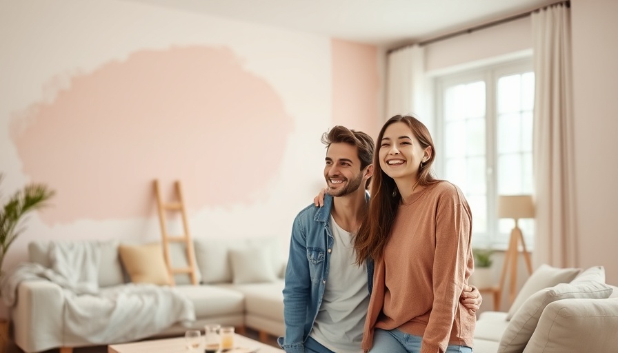 Couple repainting living room wall, vibrant pink color, natural light.