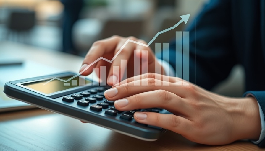 Hand calculating with financial growth graphic overlay, illustrating why insurance costs are surging.