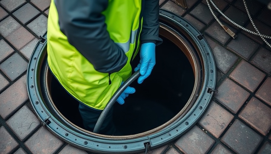Worker maintaining sewer line on brick pavement, essential tips demonstration.