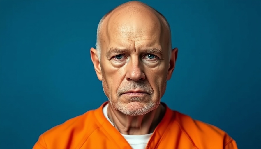 Bald man in orange prison uniform against blue background