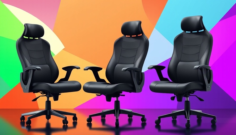 Black and grey massaging desk chairs for back pain relief, vibrant background.