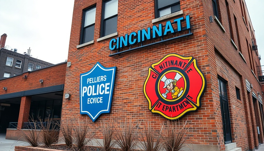 Cincinnati police and fire department logos on building facade.