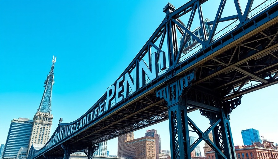 Bridge with Penn logo, urban backdrop under clear sky