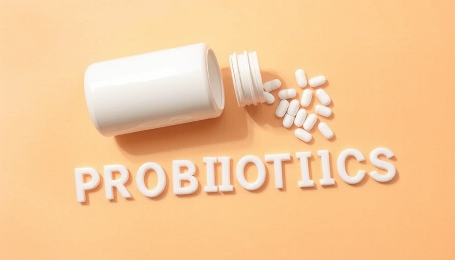 Probiotics illustrated with pills and bottle on orange background.