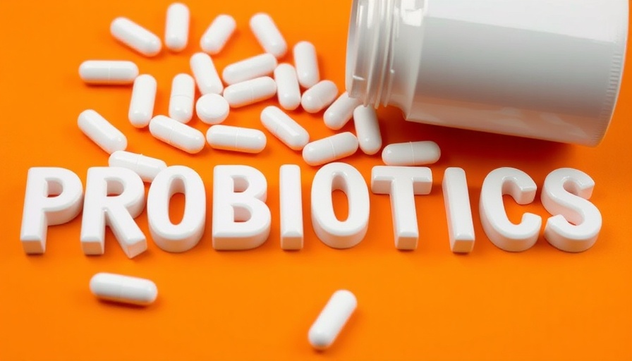 Probiotic pills spelling 'PROBIOTICS' with scattered pills, open bottle.