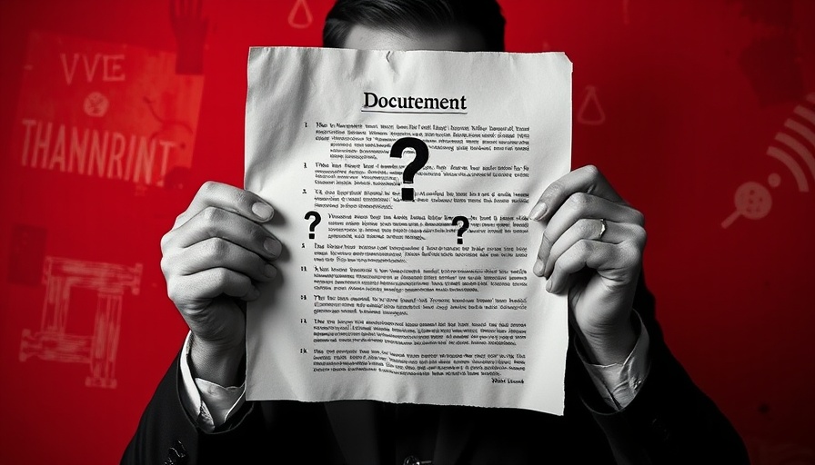 Man holding a cryptic document in front of a red abstract background