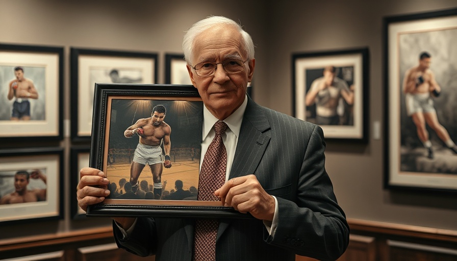 Distinguished older man presenting boxing artwork showcasing legacy.