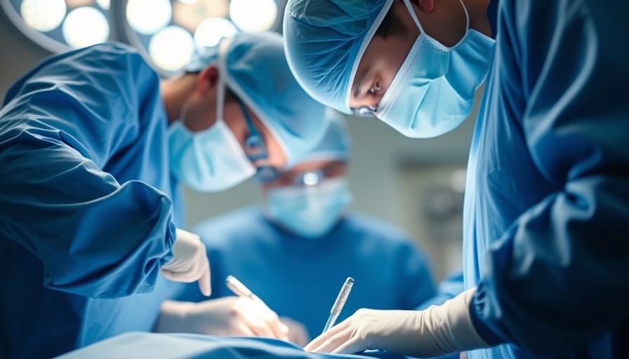 Surgical procedure depicting hands in blue gowns operating under bright lights.
