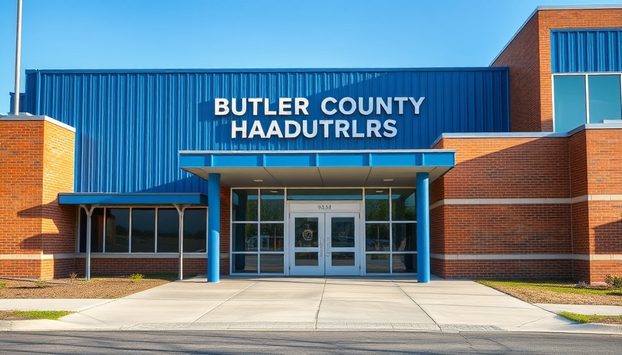 Modern Butler County Jail entrance with signage, bright day.