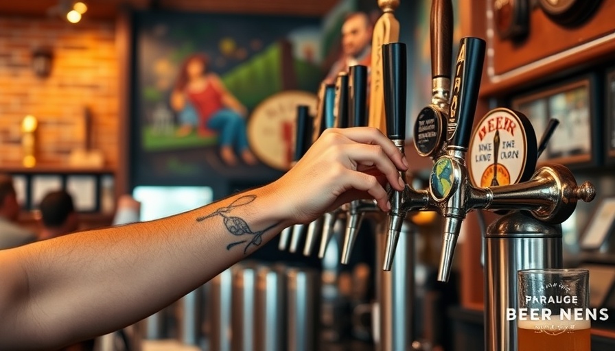 Tattooed hand pouring beer from tap in lively brick-walled bar.
