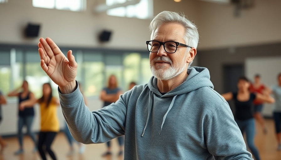 Man in grey hoodie instructing dance class in gym, dancing through kidney failure.