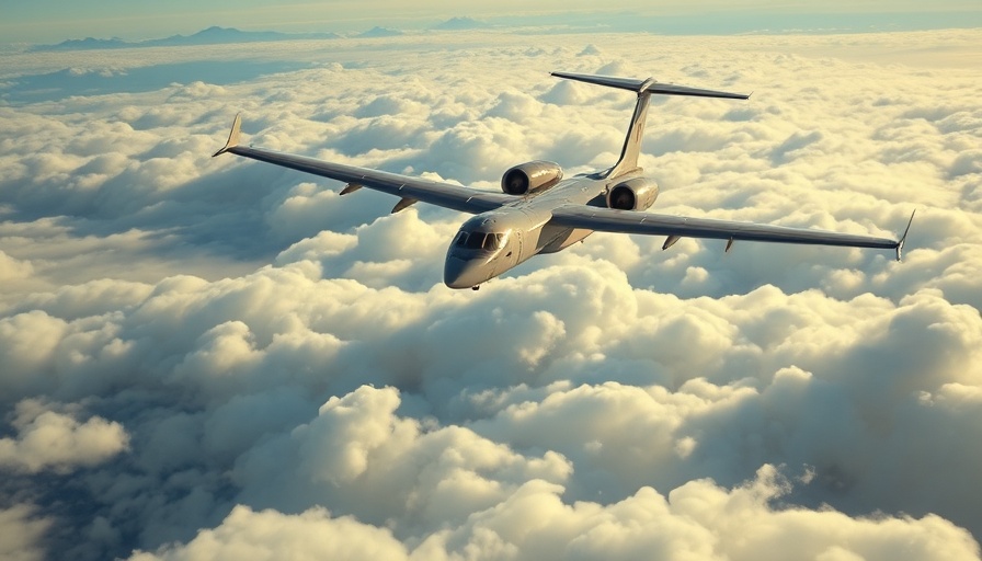 Futuristic Advanced Air Mobility aircraft flying over clouds.