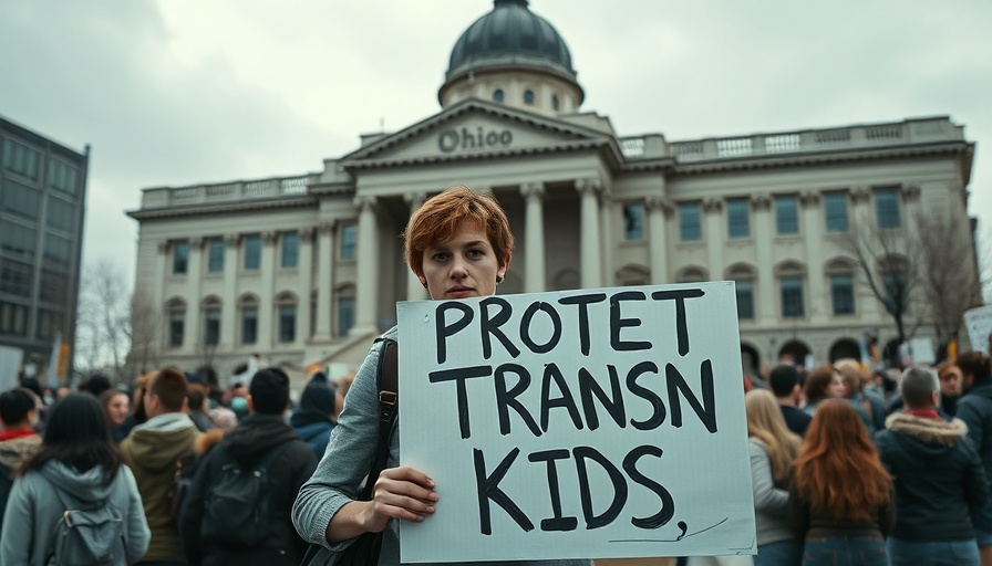 Protest sign 'Protect Trans Kids' outside Ohio state building.