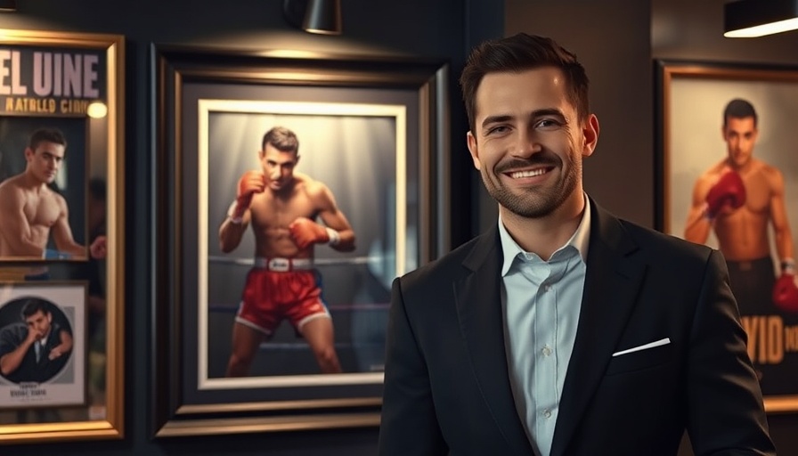 Man beside boxing artwork, George Foreman death topic.
