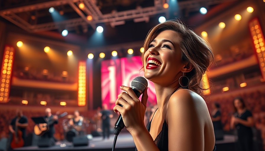 Elegant singer performing on stage in dazzling gown.