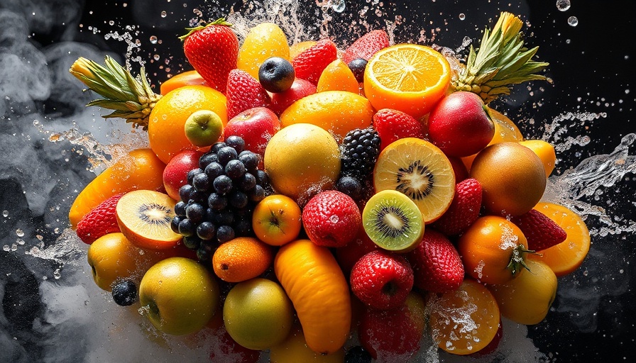 Colorful fruits submerged with splash and smoke effects, related to flavor industry.