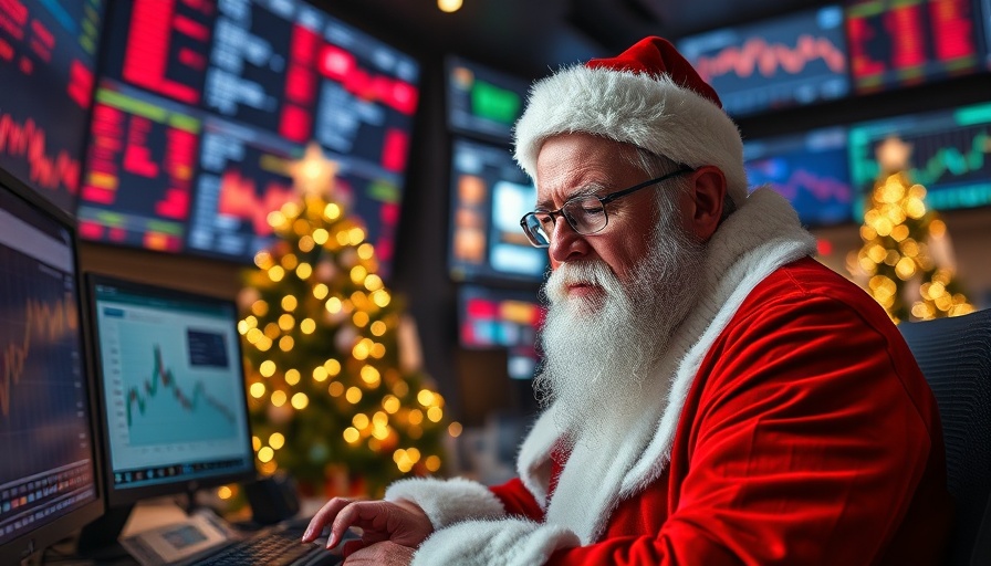 Santa Claus focused on stock trading in a lively market setting.
