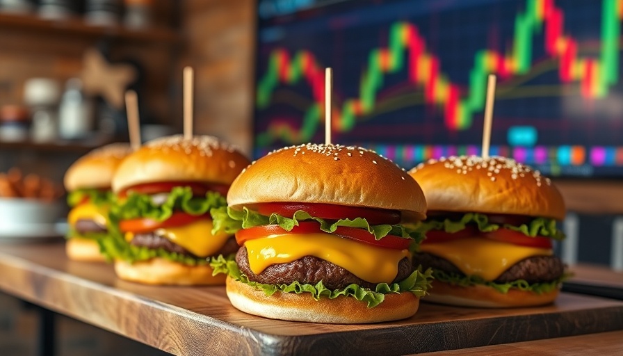 Juicy cheeseburgers with stock market chart backdrop for Red Robin stock analysis.