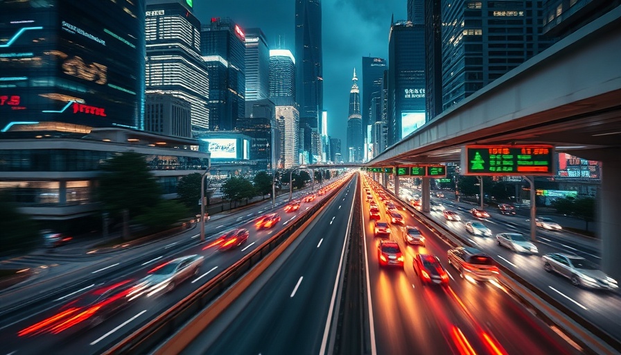 Futuristic highway with digital overlays representing smart mobility, night city.