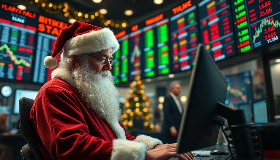 Santa Claus Rally stock market scene with Santa trading.