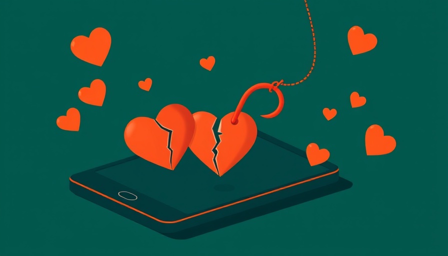 Stylized smartphone screen with hooked heart symbolizing romance and pig butchering scams.