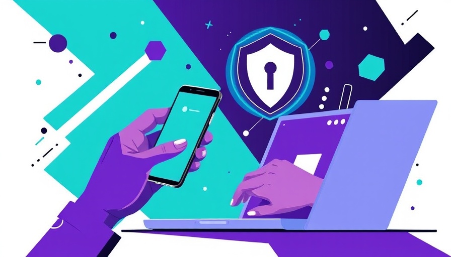 Abstract illustration of digital security with hands on a phone and laptop.