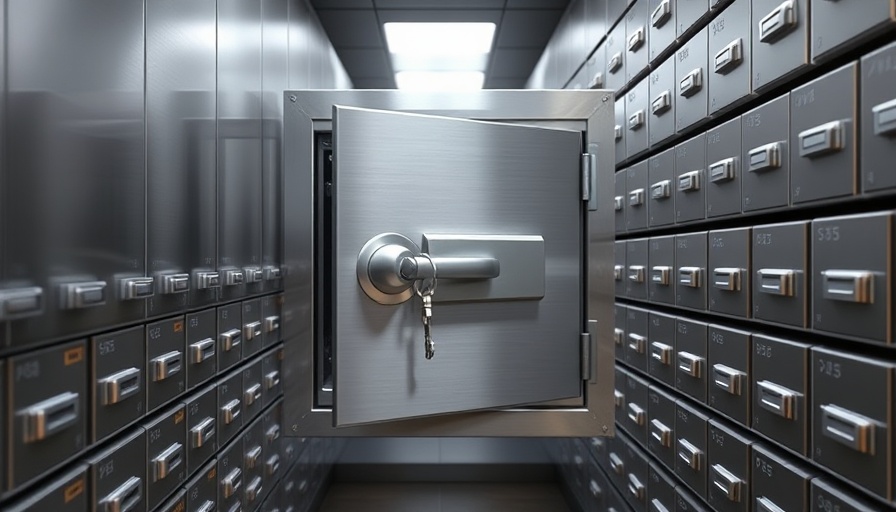 Shiny open safe deposit box with key inserted, metallic wall