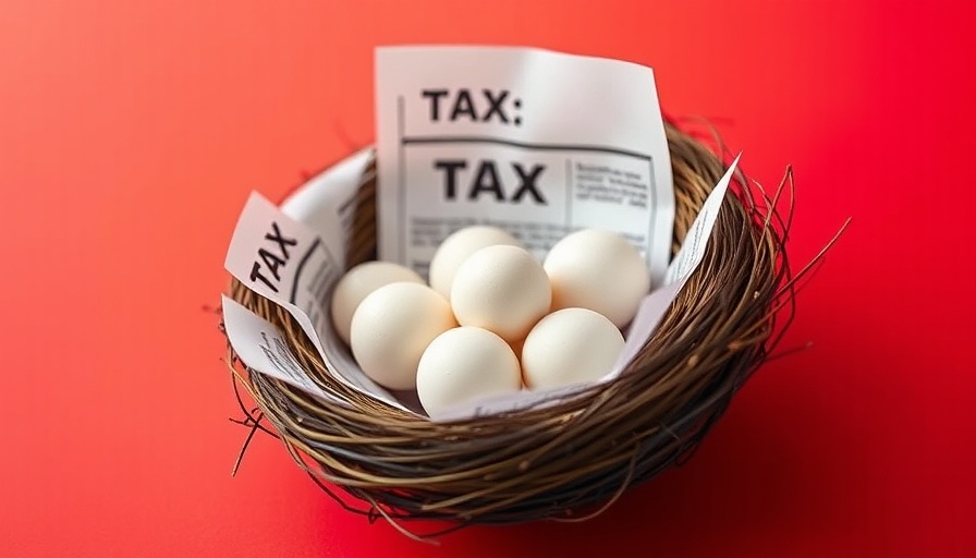 Nest of tax documents with eggs symbolizing tax breaks after 50, vivid red background.