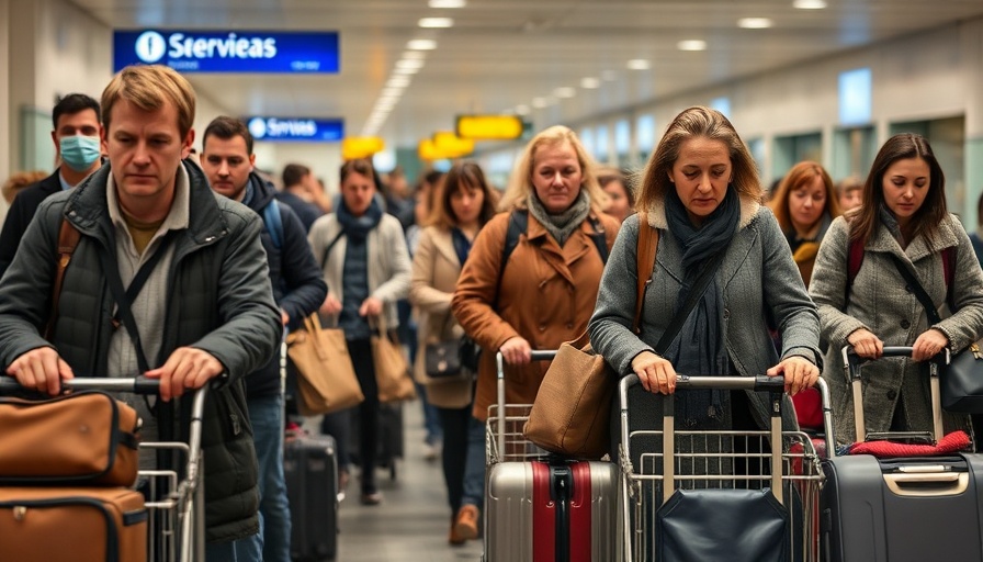 Passengers at Heathrow Airport Arrivals experiencing disruption, busy scene.
