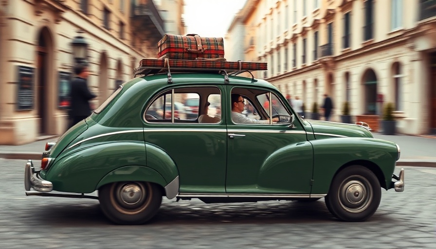 Vintage car with luggage on a cobblestone street, Danish State of Mind.