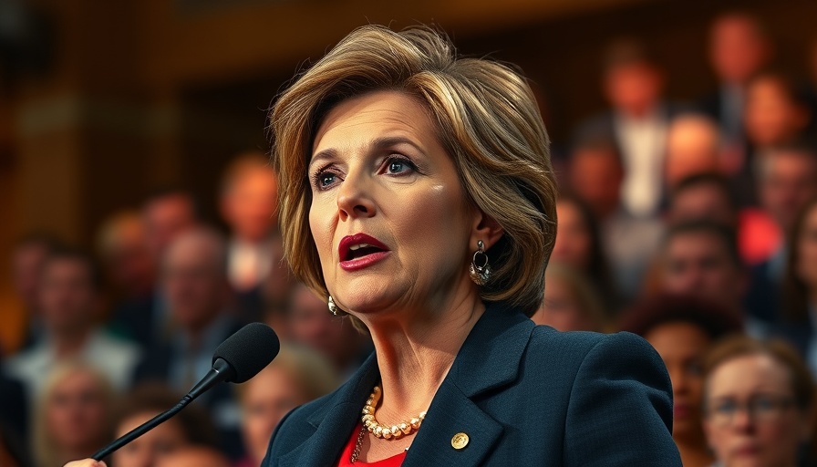 Authoritative woman speaks passionately at rally, addressing crowd.