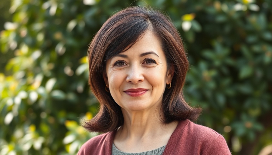Middle-aged woman outdoors, portraying confidence, in a natural setting.