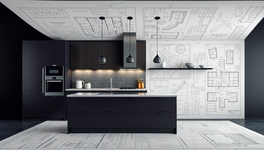 Modern kitchen on architectural blueprints, low builder confidence.