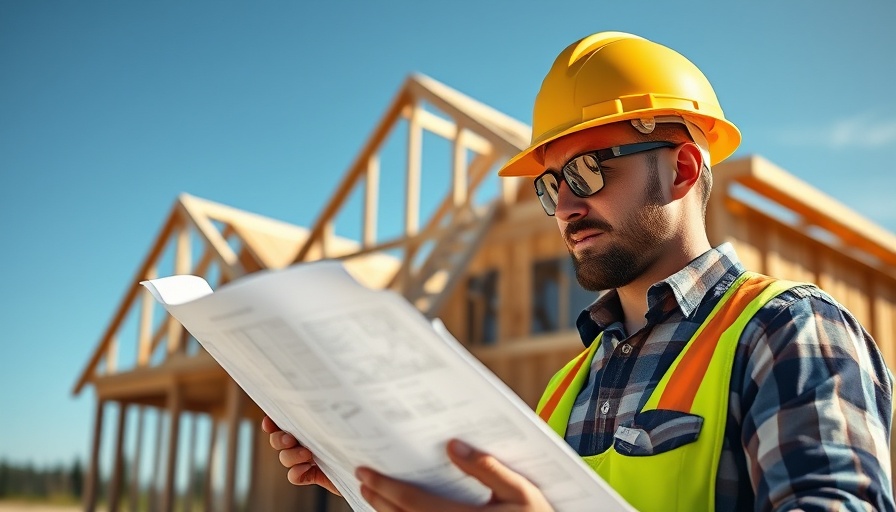 Construction worker at housing site reviews blueprints, highlighting housing starts February 2025.