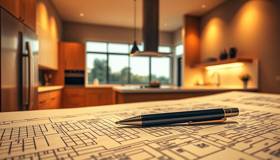 Modern kitchen on blueprints indicating builder confidence decline.