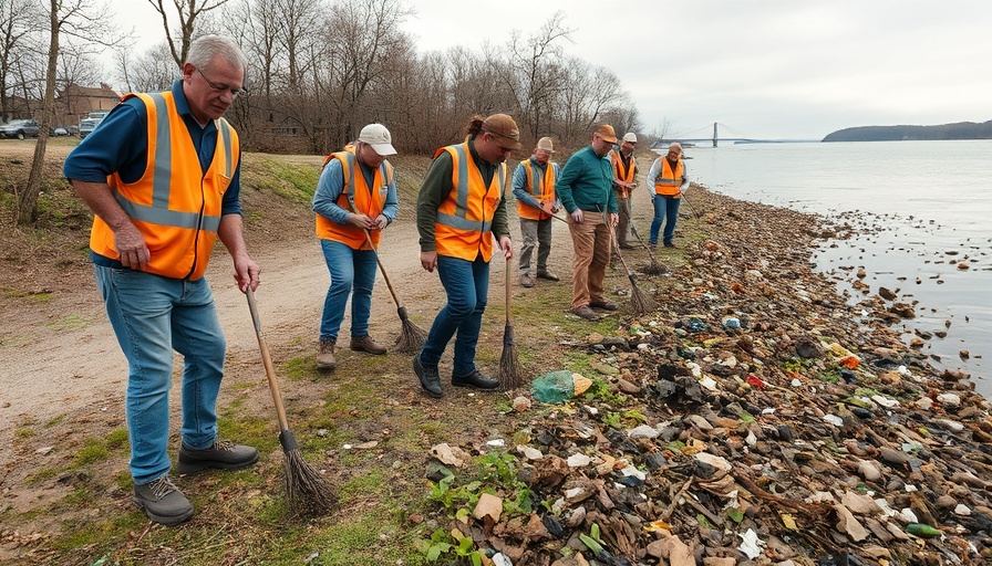 Ohio River Sweep volunteers clean riverbank, collecting debris.