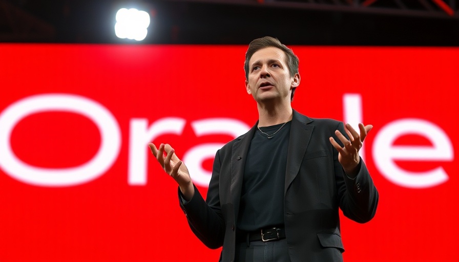 Speaker presents with Oracle logo backdrop, Oracle Stock 100,000% Return.