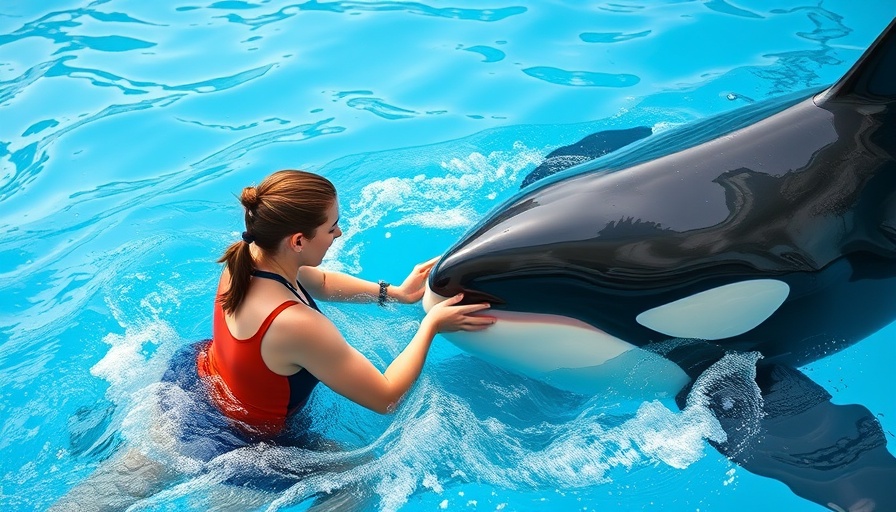 Trainers interact with orca at SeaWorld pool.