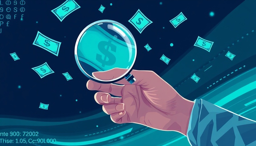 Digital art of magnifying glass inspecting cash, symbolizing AML transaction monitoring.