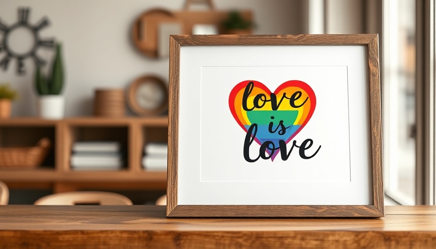 Framed 'Love is Love' art with rainbow heart in cozy setting.
