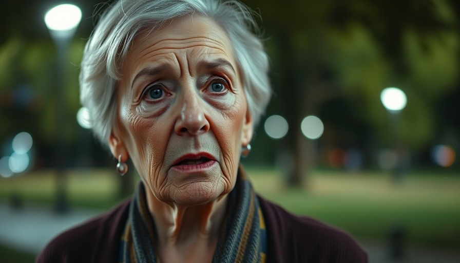 Elderly woman speaking outdoors, serious expression, nighttime scene.