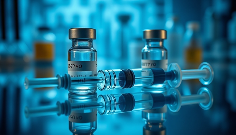 Vaccine vials and syringe on reflective surface.