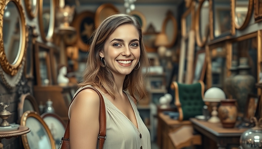 Charming young woman antique shopping in cozy vintage shop, traveling experience.